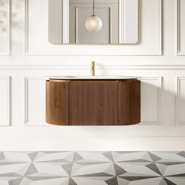 Positano Natural Walnut Curved Wall Hung Basin Drawer Vanity 1000mm