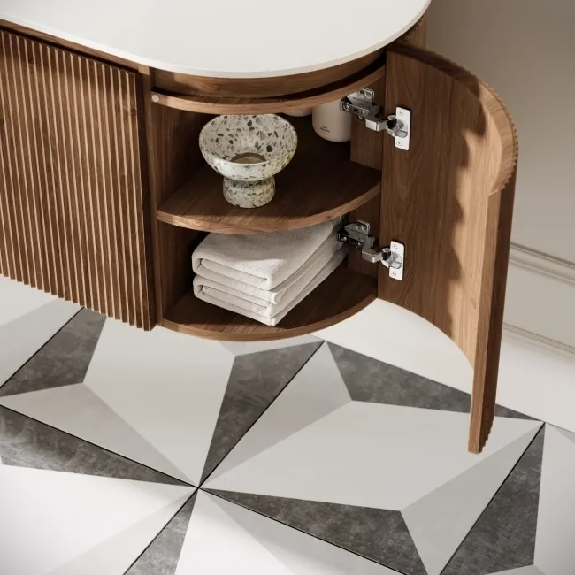 Positano Natural Walnut Curved Wall Hung Basin Drawer Vanity 1000mm