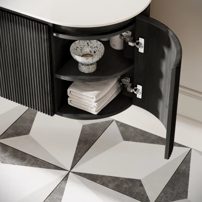 Positano Black Oak Curved Wall Hung Basin Drawer Vanity 800mm