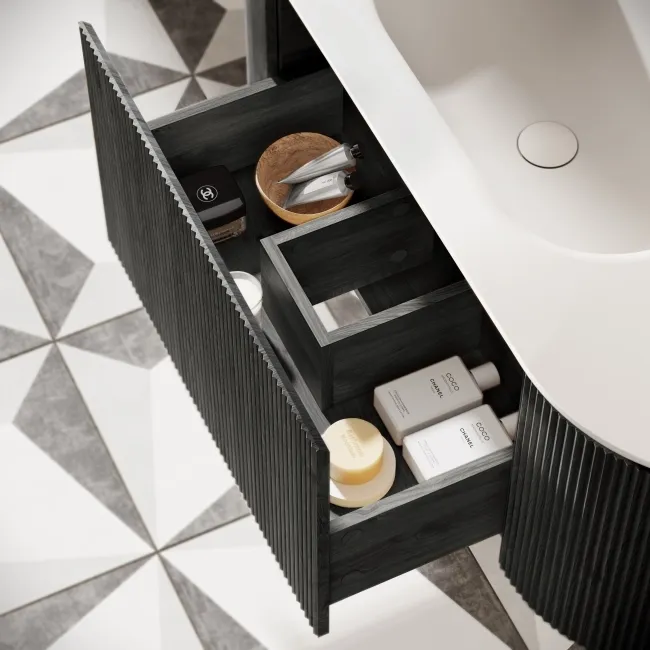Positano Black Oak Curved Wall Hung Basin Drawer Vanity 1200mm