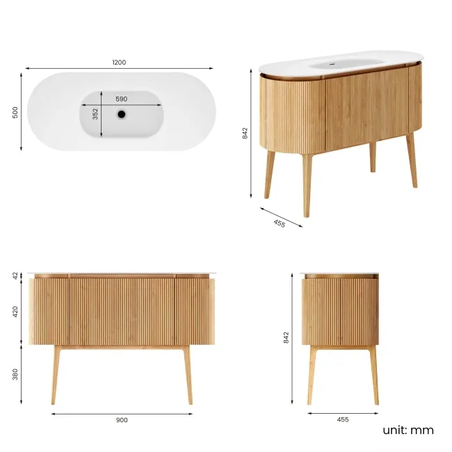 Positano Natural Oak Curved Vanity Unit 1200mm