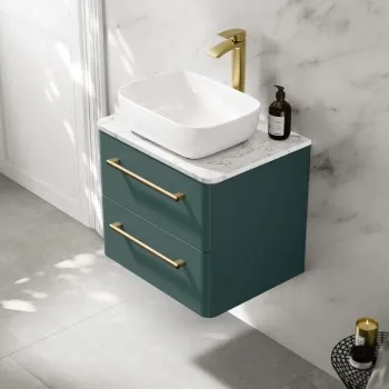 Omaha Mystic Green Wall Hung Drawer Vanity with Marble Top & Curved Counter Top Basin 600mm - Brushed Brass Accents