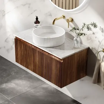 Malta Fluted Black Walnut Wall Hung Drawer Vanity with Marble Top & Nevis Basin 800mm