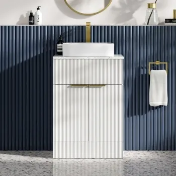 Havana Fluted Coastal White Cabinet with Marble Top & Marin Basin 600mm - Brushed Brass Accents