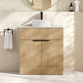 Havana Fluted Country Oak Cabinet with Marble Top & Nevis Basin 800mm - Black Accents