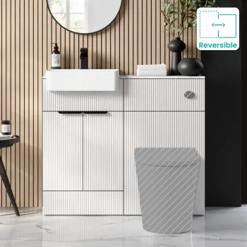Sicily Fluted Coastal White Basin Vanity with Marble Top & Back To Wall Unit 1000mm (Excludes Toilet) - Black Accents