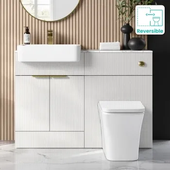 Sicily Fluted Coastal White Combination Vanity Basin with Marble Top & Houston Toilet 1200mm - Brushed Brass Accents