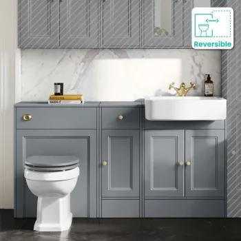 Monaco Dove Grey Combination Vanity Basin and Hudson Toilet with Wooden Seat 1500mm - Brushed Brass Accents