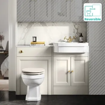 Monaco Chalk White Combination Vanity Traditional Basin with Marble Top & Hudson Toilet with Wooden Seat 1200mm - Brushed Brass Accents