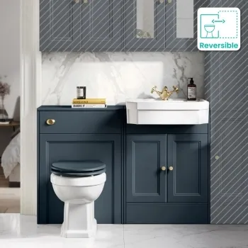 Monaco Inky Blue Combination Vanity Traditional Basin and Hudson Toilet with Wooden Seat 1200mm - Brushed Brass Accents
