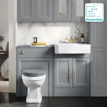 Monaco Dove Grey Combination Vanity Basin and Hudson Toilet with Wooden Seat 1200mm - Brass Knurled Handles