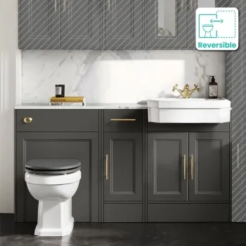 Monaco Graphite Grey Combination Vanity Traditional Basin with Marble Top & Hudson Toilet with Wooden Seat 1500mm - Brass Knurled Handles
