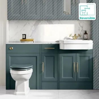 Monaco Midnight Green Combination Vanity Traditional Basin with Marble Top & Hudson Toilet with Wooden Seat 1500mm - Brass Knurled Handles