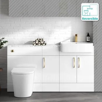 Harper Gloss White Combination Vanity Basin with Marble Top & Tucson Toilet 1500mm - Brushed Brass Accents
