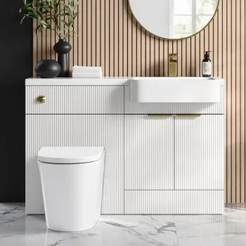 Sicily Fluted Coastal White Combination Vanity Basin and Boston Toilet 1200mm - Brushed Brass Accents - Right Handed