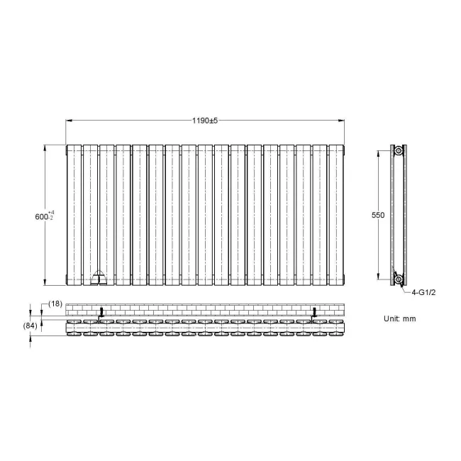 Faro Matt Black Double Flat Panel Horizontal Radiator 600x1190mm