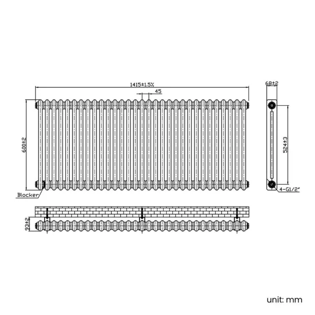 Athens Antique Gold Double Column Horizontal Traditional Radiator 600x1415mm
