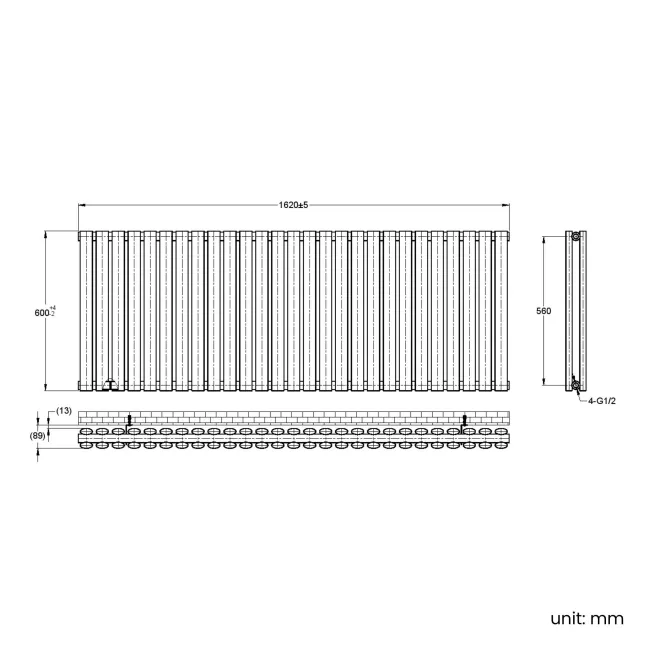 Marbella Matt Black Double Oval Panel Radiator 600x1620mm