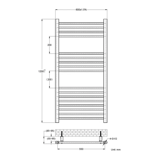 Barcelona Matt Black Straight Heated Towel Rail 1200x600mm