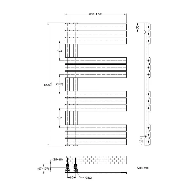 Seville Matt Black Designer Flat Panel Heated Towel Rail 1200x600mm