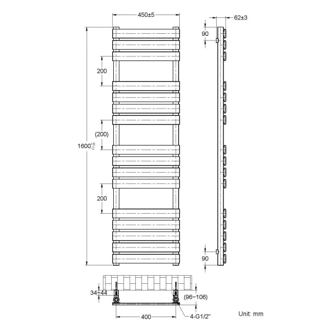 Santorini Anthracite Flat Panel Heated Towel Rail 1600x450mm