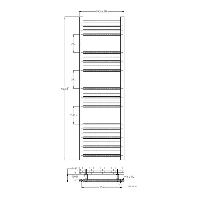 Barcelona Matt Black Straight Heated Towel Rail 1600x500mm