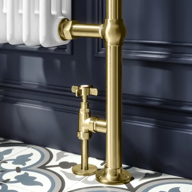 Gibraltar Small Brushed Brass Traditional Heated Towel Radiator (With Overhanging Rail)