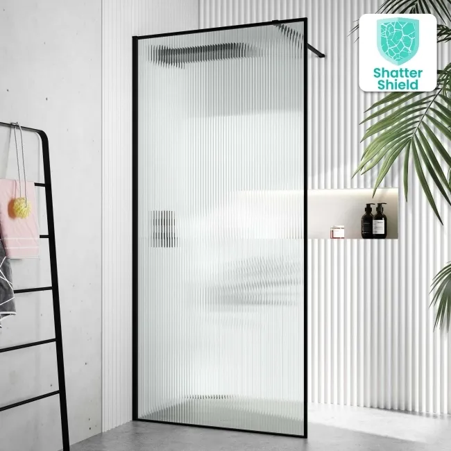 Munich Fluted Effect Matt Black Framed Easy Clean 8mm Wet Room Shower Glass Panel 900mm