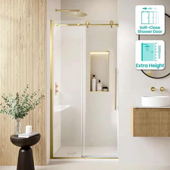 Prague Brushed Brass 8mm Soft-Closing Sliding Shower Door 1000mm
