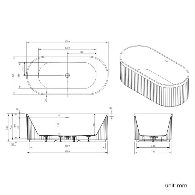 Finchley 1700mm Fluted Freestanding Bath