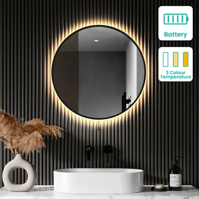Delilah Battery Powered Black Framed Round Backlit LED Mirror 600mm