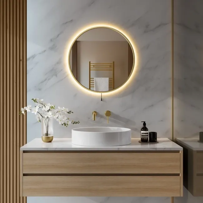 Delilah Battery Powered Brushed Brass Round Backlit LED Mirror 600mm