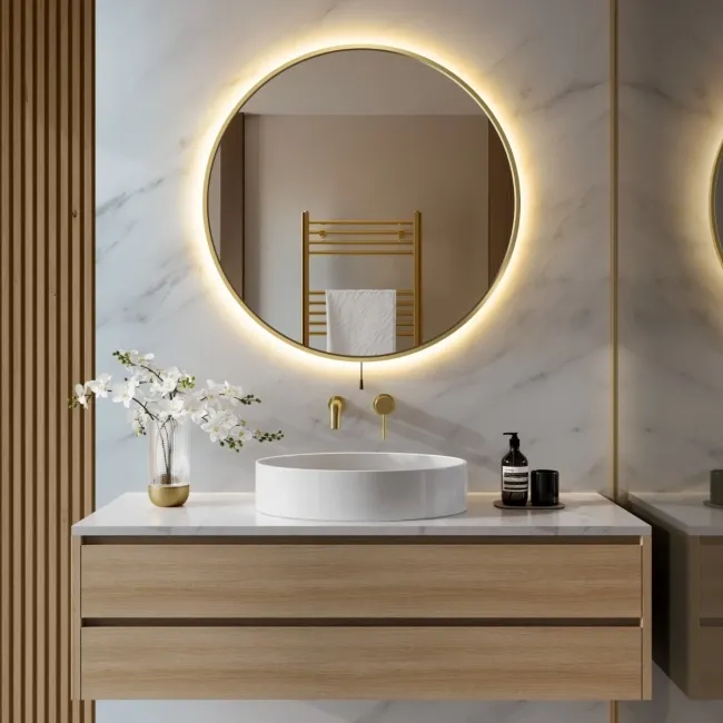Delilah Battery Powered Brushed Brass Round Backlit LED Mirror 800mm