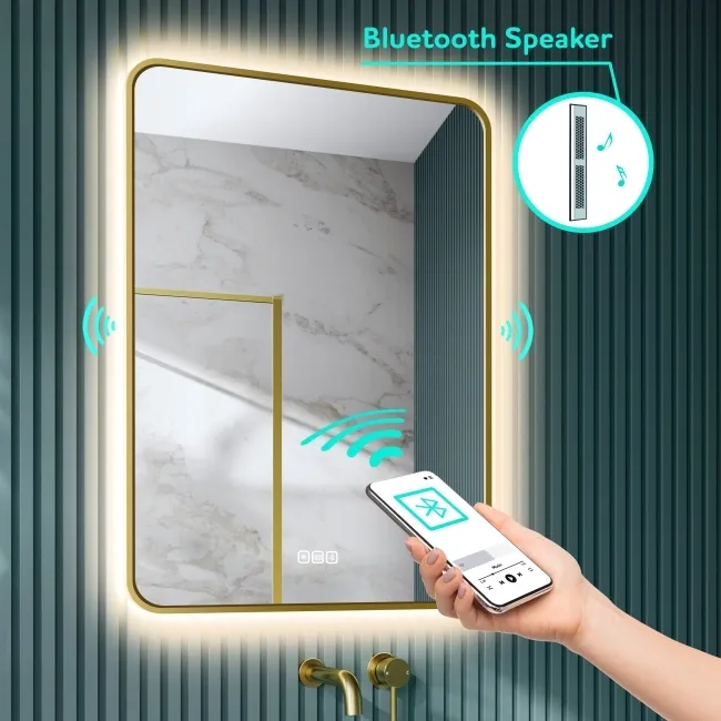 Mila Brushed Brass Backlit Illuminated LED Mirror With BLUETOOTH Speaker 600x400mm
