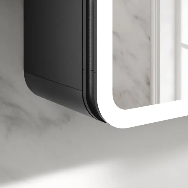 Aurora Matt Black Illuminated LED Mirror Cabinet With BLUETOOTH Speaker 600x450mm