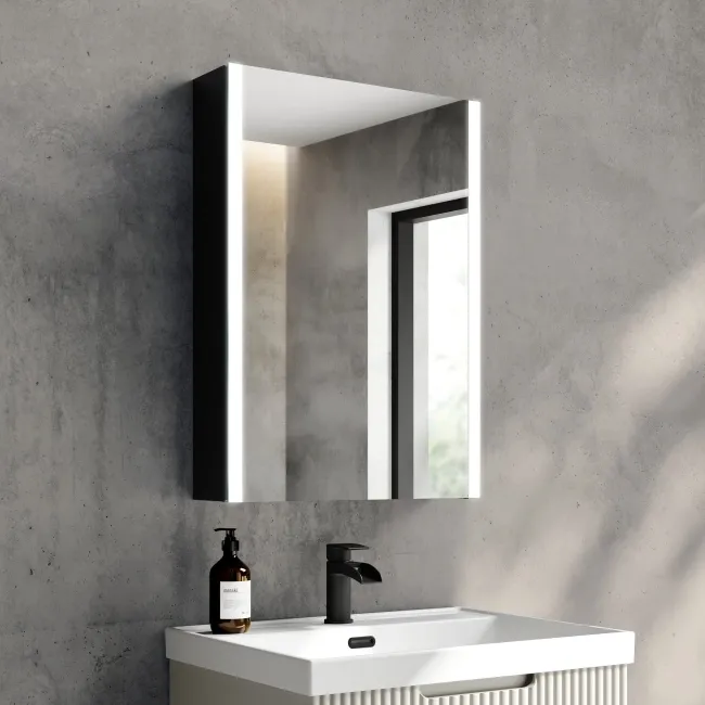Selma Battery Powered Matt Black Illuminated LED Mirror Cabinet 700x500mm