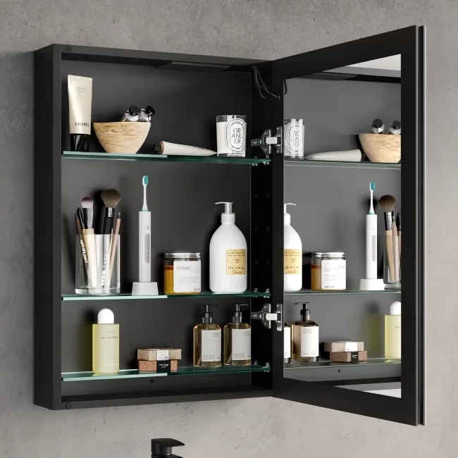 Selma Battery Powered Matt Black Illuminated LED Mirror Cabinet 700x500mm