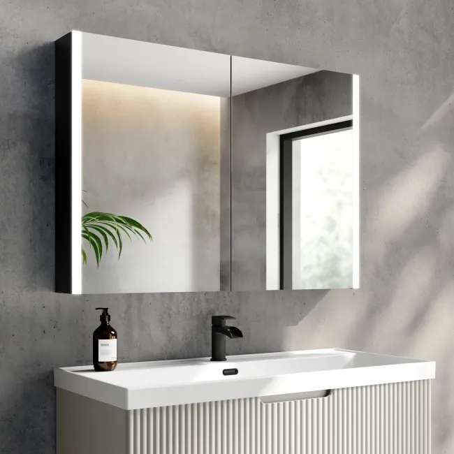 Selma Battery Powered Matt Black Illuminated LED Mirror Cabinet 700x1000mm