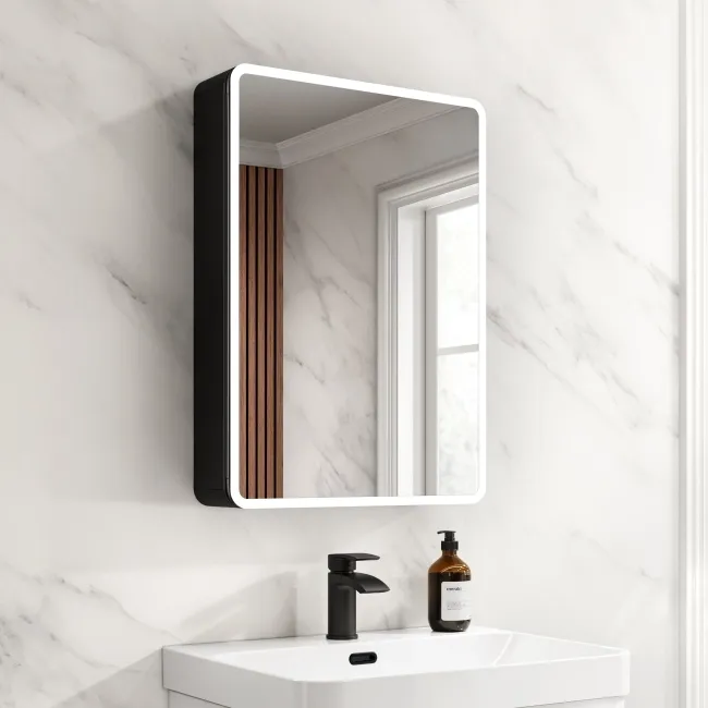 Aurora Battery Powered Matt Black Illuminated LED Mirror Cabinet 700x500mm