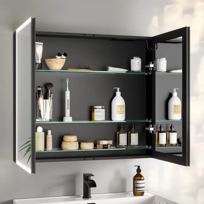 Esme Battery Powered Matt Black Illuminated LED Mirror Cabinet 700x800mm