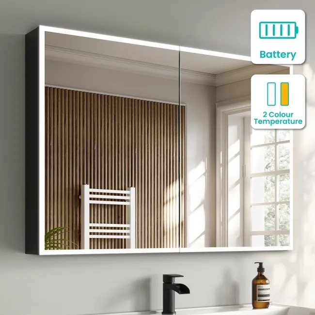 Esme Battery Powered Matt Black Illuminated LED Mirror Cabinet 700x1000mm