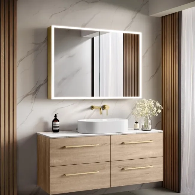 Margot Brushed Brass Illuminated LED Mirror Cabinet With BLUETOOTH Speaker & USB Port 700x1000mm