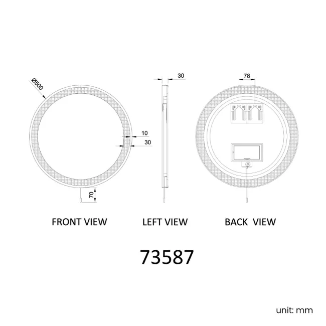 Delilah Battery Powered Black Framed Round Illuminated LED Mirror 500mm