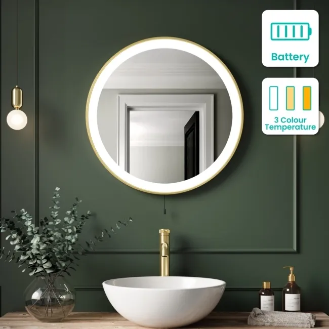 Delilah Battery Powered Brushed Brass Round Illuminated LED Mirror 600mm