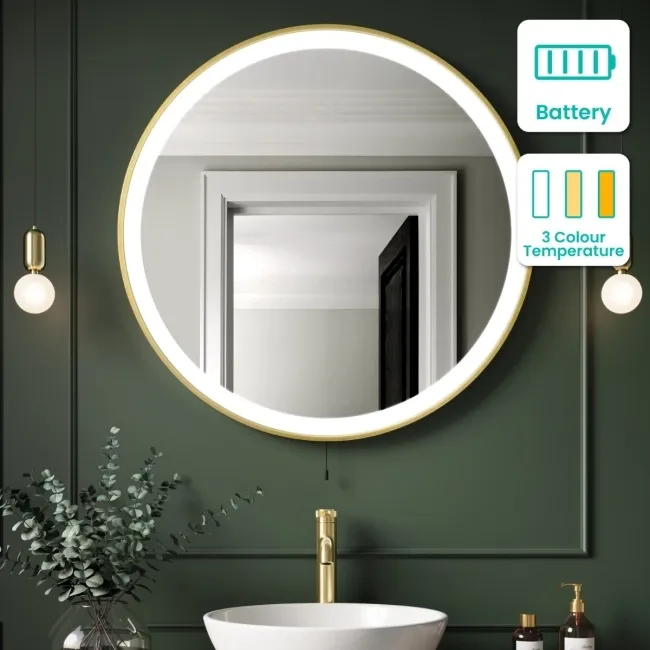 Delilah Battery Powered Brushed Brass Round Illuminated LED Mirror 800mm
