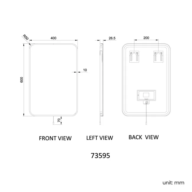 Mila Battery Powered Black Framed Backlit Illuminated LED Mirror 600x400mm