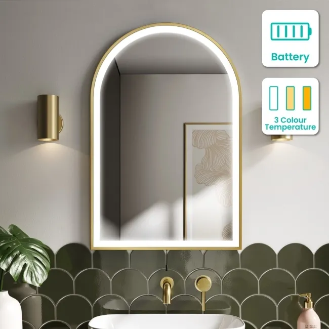 Maya Battery Powered Brushed Brass Arched LED Mirror 750x500mm