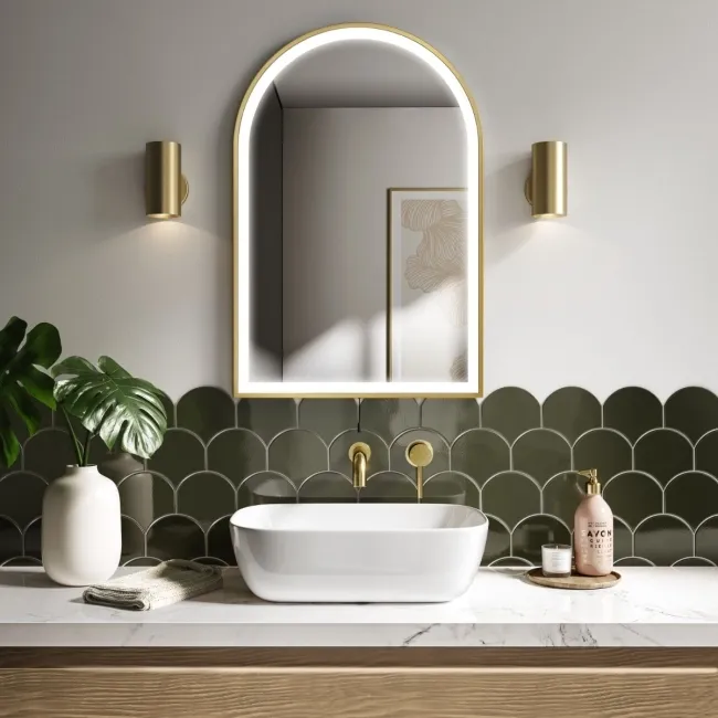 Maya Battery Powered Brushed Brass Arched LED Mirror 750x500mm