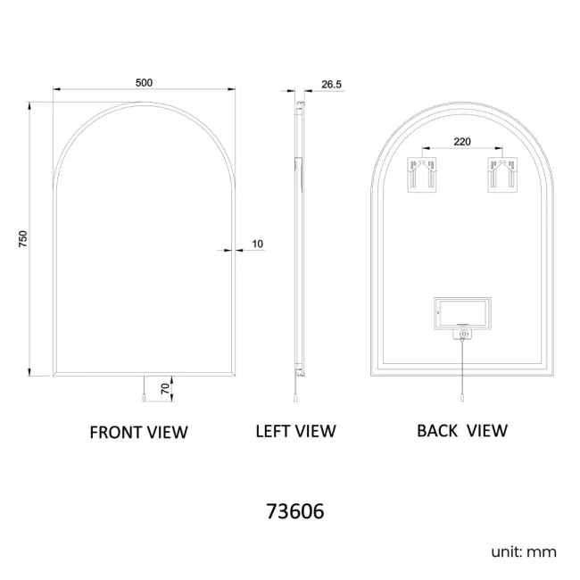Maya Battery Powered Brushed Brass Arched Backlit Illuminated LED Mirror 750x500mm