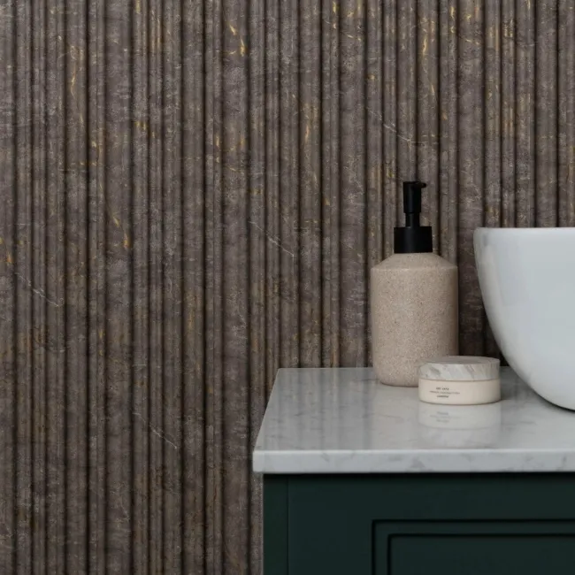 Trepanel Aqua 3D® Waterproof Medium Grey/Gold Marble Effect Grooved Wall Panel 3 Pack ( Covers 0.87 SQM)